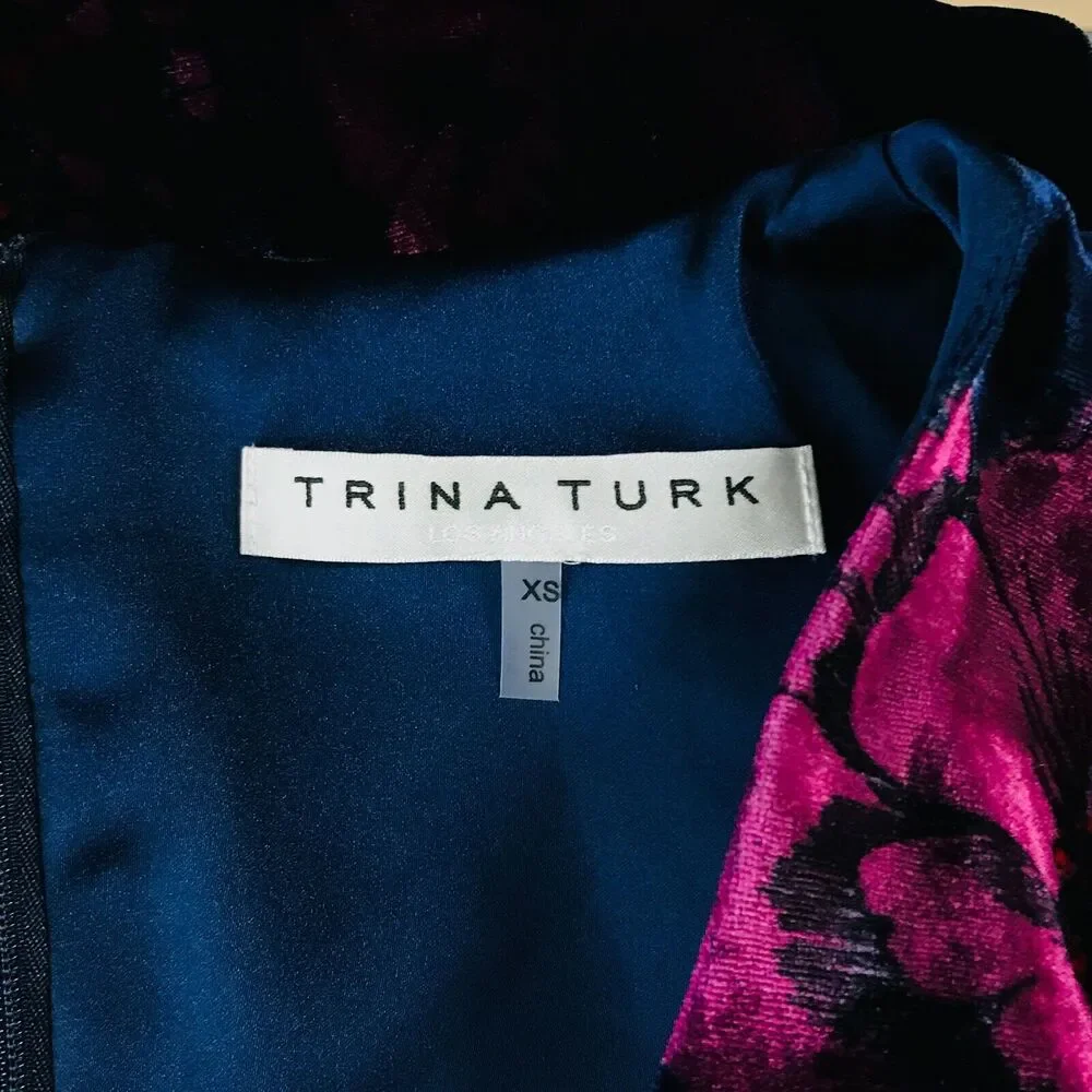 Trina Turk Women's XS Dress Blue Purple Eclaire Velvet Floral Long Sleeve CG24